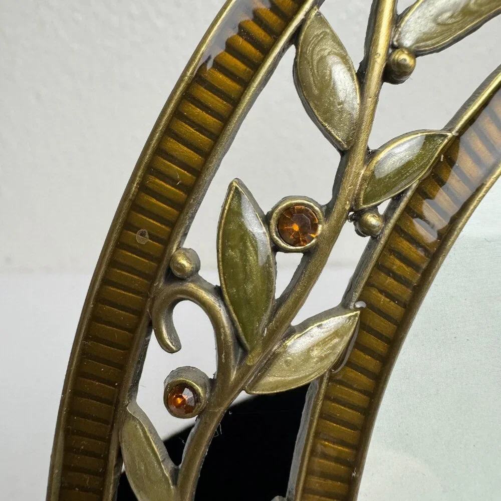 NWOT Elegant Olive Enamel Ambre Stones Oval Metal Picture Frame